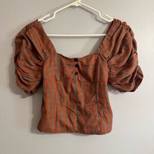 Shein Orange and Gray Plaid Puff Sleeve Top Size XS